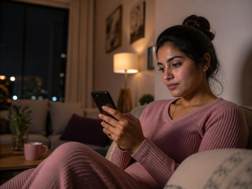 An Indian woman at home in the evening, re-reading an earlier message on her phone